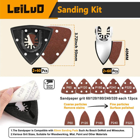 Beast Pro Grade Oscillating Tool Sanding Pad Kit with 93mm triangle pads, fingertip pads, sandpaper, and adapters shown in packaging.