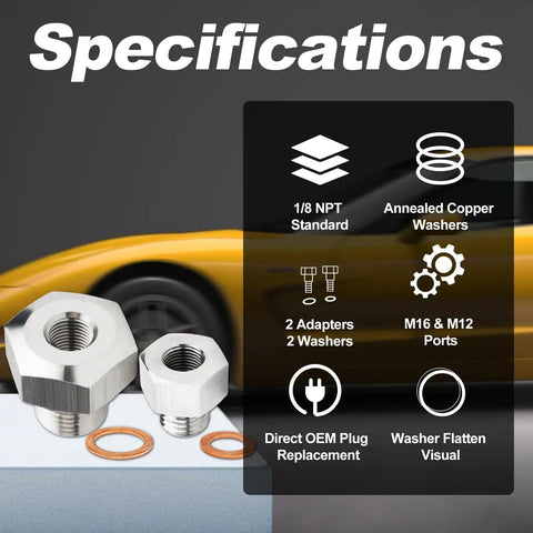 Stainless Steel GM LS Engine Sensor Adapter Kit M16x1.5 To 1/8 NPT And M12x1.5 To 1/8 NPT with copper washers, side view