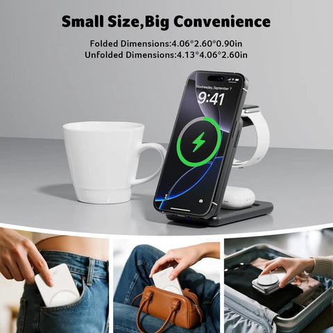 3 In 1 Magnetic Wireless Charging Station For iPhone Apple Watch And AirPods MagSafe Compatible Foldable Desk Stand