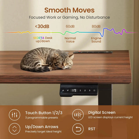 Farmhouse Electric Standing Desk With 63 Inch Long Workstation Height Adjustable Sit Stand Desk With cat sleeping on top