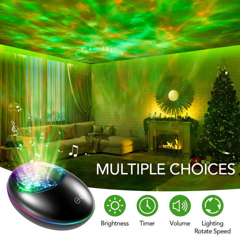 Galaxy Projector Skylight With 24 Light Modes And White Noise Bluetooth Speaker Room lighting up a cozy living room.