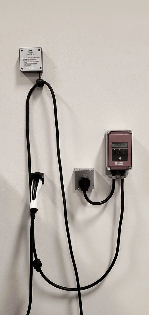 Top Shelf EV Charger Cord Retractor Keeps Your Charge Wire Locked Down And Beat Up Proof No Fuss Garage Setup Heavy Duty Wall Mount Bracket For J1772 Plugs Smooth Glide Action with mounted cords.