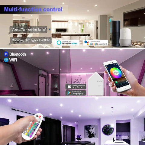 Smart home lighting control with phone app and remote, featuring 4 Inch Smart LED Recessed Downlight Kit with 9W E26 Base, Dimmable Multicolor.