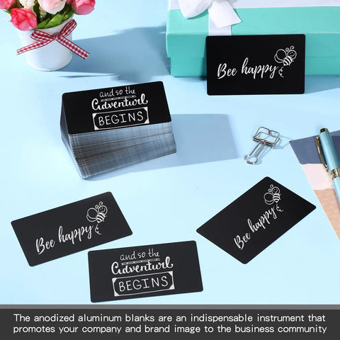 Engraving Aluminum Plates for CNC and Laser Crafting with 'Bee Happy' and 'Adventure Begins' designs on black matte finish.
