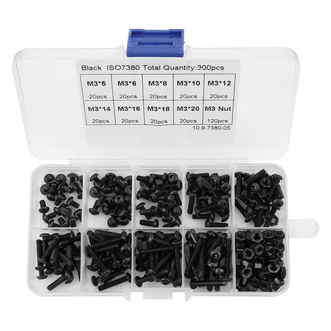 300 Piece High Strength M3 Black Button Head Hex Socket Screws And Nuts Kit For Industrial Use Heavy Duty 10.9 Grade Fasteners For Home Appliance Repair And Machinery Projects, case open