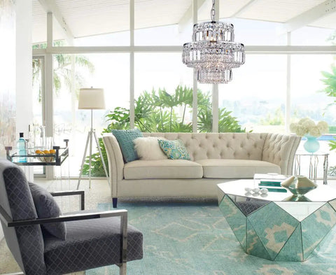 Modern Crystal Raindrop Pendant Chandelier With LED Ceiling Light in elegant living room setting, 13 inch diameter, 12 inch height