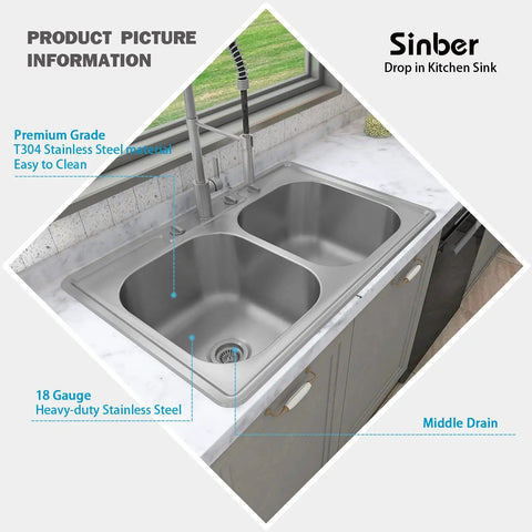 Drop In Double Bowl Kitchen Sink 33 Inch By 22 Inch By 9 Inch, 18 Gauge 304 Stainless Steel Satin Finish, Quiet Noise Reducing Design
