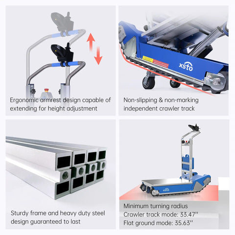 Heavy Duty Electric Stair Climbing Dolly Robot With Smart AI Navigation And LiDAR For Auto Balancing All Terrain Material Handling Plus 925lbs Load Capacity features ergonomic armrest and sturdy steel frame.