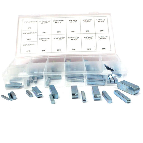 60 Pc Keystock Bar Assortment Kit SAE Square Key Stock And Keyway Set In Stainless Steel displayed with plastic case and labels.