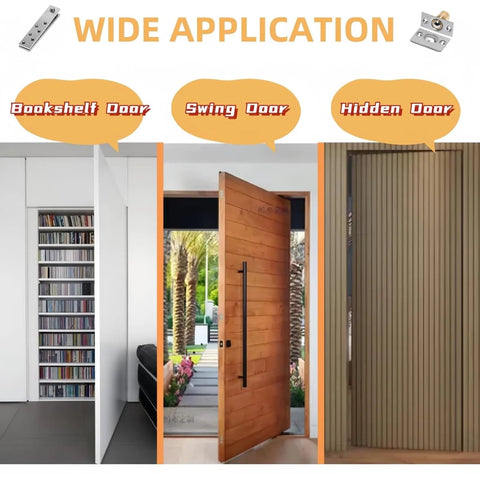 Invisible Pivot Hinge System With Door Ball Catch Hardware For Hidden Secret Doors, 360 Degree Rotating Design, Supports Up To 300 Lb Wood Doors, Rustproof Stainless Steel Construction, Silver Finish, installed on bookshelf, swing, and hidden doors, showcasing wide application.