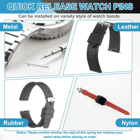 Premium 15 Pack Quick Release Spring Bars for various watch bands: metal, leather, rubber, nylon, 23mm, 304 stainless steel.