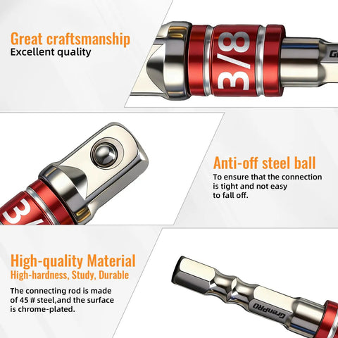 Impact Socket Adapter Extension Set Converts Your Drill To A Nut Driver With 1/4 Inch Hex Shank And 3/8 Inch Drive Cr-V Steel Detail