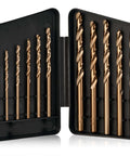 StratMet 13-piece cobalt drill bit set in an open indexed storage case (1/16 to 1/4 in)