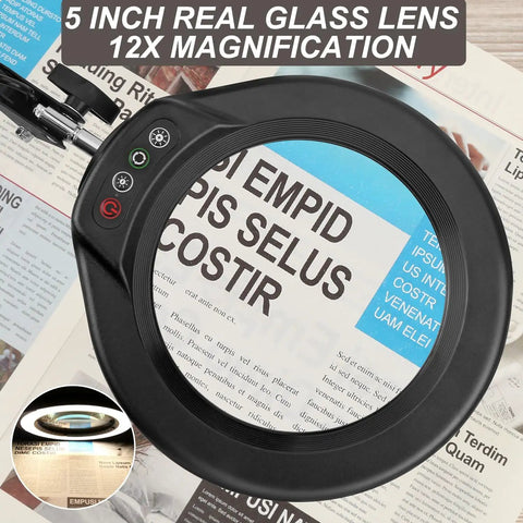 12X 5 Inch Real Glass Magnifying Glass With LED Light And Stand, highlighting fine print on paper, close-up view of lens and stand.