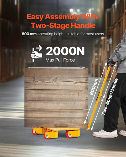 Heavy Duty Machine Skate With 8800 Lbs Capacity, 360 Degree Rotation Cap, PU Swivel Rollers moving crate with two-stage handle