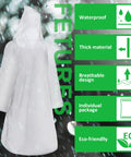 Back view of clear hooded poncho with features list: waterproof, thick material, breathable design, individually packaged, eco-friendly.