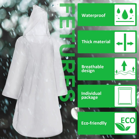 Back view of clear hooded poncho with features list: waterproof, thick material, breathable design, individually packaged, eco-friendly.