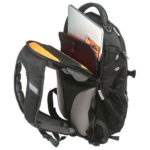 Tough 1200D Ballistic Polyester Laptop Backpack with Water Resistant Backing fits 14 inch laptops, showing compartments and padding.