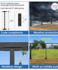 Diagram and photos of 36 Inch Black Rectangular Stainless Steel Cable Railing Intermediate Post With Fixed Top Mount.