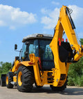 All-Purpose Backhoe Loader With Front Loader And Backhoe Attachments For Easy Digging And Fast Loading LED Lights Workhorse Industrial Loader Built For Farm Work Demolition And Tough Job Site Projects shown from rear angle