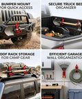 Heavy Duty Shovel Mount For Roof Rack With Metal Rubber Axe Holder And Quick Release Clamps For Trucks Red Roof Rack Brackets Set Of 2 Keeps Gear Tight And Quiet On Rough Off Road Rides, showing diverse mounting options on vehicle and in garage.