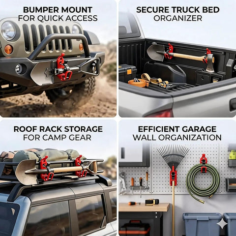 Heavy Duty Shovel Mount For Roof Rack With Metal Rubber Axe Holder And Quick Release Clamps For Trucks Red Roof Rack Brackets Set Of 2 Keeps Gear Tight And Quiet On Rough Off Road Rides, showing diverse mounting options on vehicle and in garage.