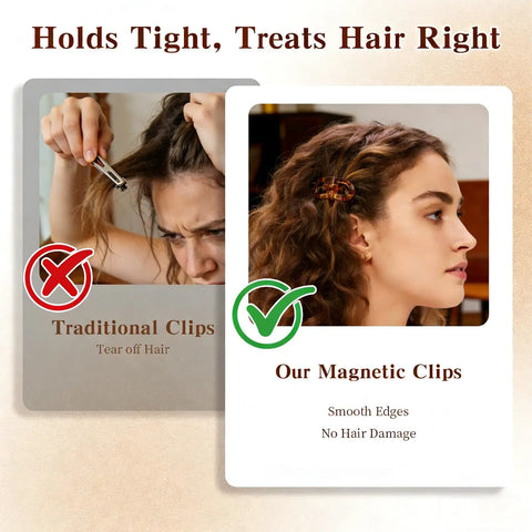 Comparison image showing traditional clips pulling hair and Magnetic Hair Clips For Women With Strong No Slip Hold Seamless 2 In 1 Design