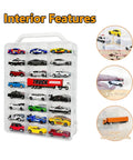 Double Sided 1:64 Scale Toy Car Storage Case With 48 Slots Clear Organizer And Easy Grab Handles For Die Cast Model Cars Transparent Display Box That Keeps Your Collection Neat And Ready To Roll showing car interior features and easy access compartments.