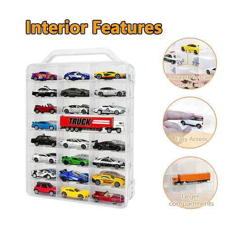 Double Sided 1:64 Scale Toy Car Storage Case With 48 Slots Clear Organizer And Easy Grab Handles For Die Cast Model Cars Transparent Display Box That Keeps Your Collection Neat And Ready To Roll showing car interior features and easy access compartments.
