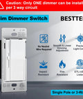 Slim dimmer switch showing features like ETL listing, no neutral wire needed for 12 Pack No Hassle Slide Dimmer Light Switch Single Pole Or Three Way For Led Dimmable Lamps And Cfl Incandescent Halogen Bulbs Low Profile Wall Controls With Etl Listing And White Plate Included.