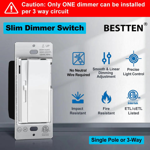 Slim dimmer switch showing features like ETL listing, no neutral wire needed for 12 Pack No Hassle Slide Dimmer Light Switch Single Pole Or Three Way For Led Dimmable Lamps And Cfl Incandescent Halogen Bulbs Low Profile Wall Controls With Etl Listing And White Plate Included.