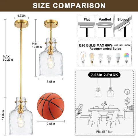 Straight Kitchen Glow Up With This Killer 7 Inch Hammered Glass Pendant Light Featuring Adjustable Height Hanging Design And Smooth Gold Metal Base and size comparison with basketball for scale.