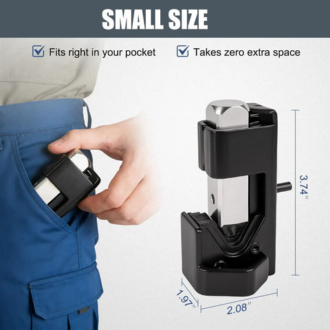 Person placing Beefy Lug Crimper Tool For 8 AWG To 0000 AWG Battery And Welding Cables into pocket, showcasing compact size.