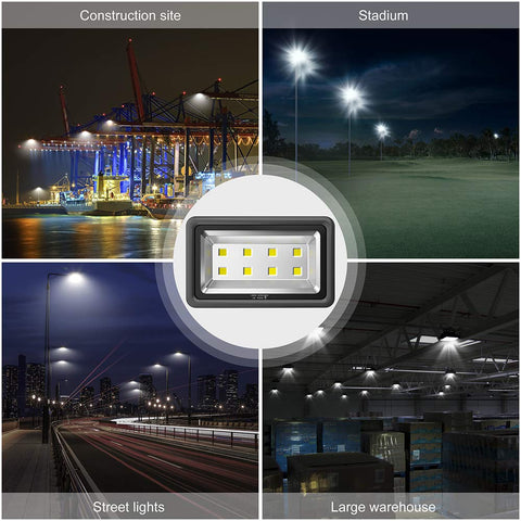 Beast Mode Bright 400W Outdoor LED Flood Light with 40000 Lumen Output, 6000K Daylight White, shown in various outdoor settings