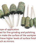 Five Piece Heavy Duty Shaft Mounted Rubber Buffing Wheels For Dremel Rotary Tools 6Mm And 3Mm Shanks shown from above with green rubber surface.