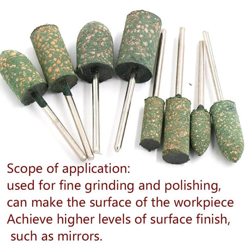 Five Piece Heavy Duty Shaft Mounted Rubber Buffing Wheels For Dremel Rotary Tools 6Mm And 3Mm Shanks shown from above with green rubber surface.
