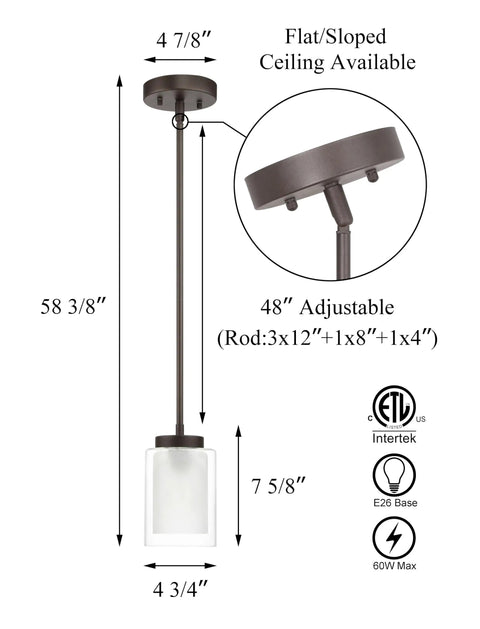 Dark Bronze Dual Glass 1 Light Mini Pendant Ceiling Light for Kitchen Island and Living Room with adjustable rod dimensions