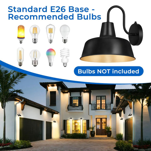 Front view of Dusk To Dawn Outdoor Wall Sconces With Sensor, Dope Vintage Matte Gooseneck Barn Lights on house, black and gold finish