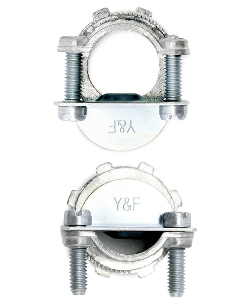 Pair of 1/2-inch steel clamp-type cable connectors for metallic conduit, front and back views