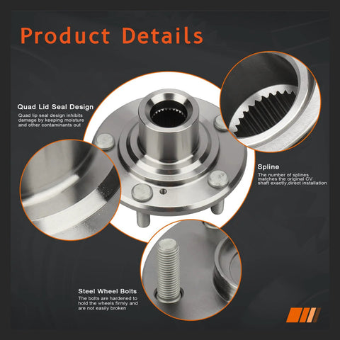 Detailed view of Front Wheel Hub Assembly Driver and Passenger Sides for Honda Accord 2008 2012 Accord Crosstour 2010 2011 Crosstour 2012 2015 Acura TSX 2009 2014 OE Replacement Wheel Bearing Hub Kit Easy Install with quad lid seal design, spline, and steel wheel bolts.