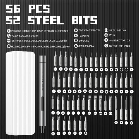 Lithium Precision Electric Screwdriver Kit with LED Light and Magnetic Mat, 56 Bit Set, featuring S2 steel bits and magnetic case