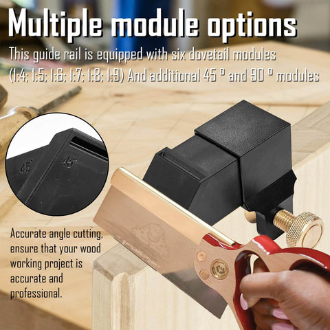 Dovetail Jig Guide With Eight Magnetic Modules Pro Grade For Woodworking Precision Layout And Marking 1 To 4 1 To 9 Ratios Plus 45 Degree And 90 Degree Guides Aluminum Alloy Build Hand Saw Cutting Gauge All In One Wood Joints Saw Guide Kit showing multiple modules on wood surface.
