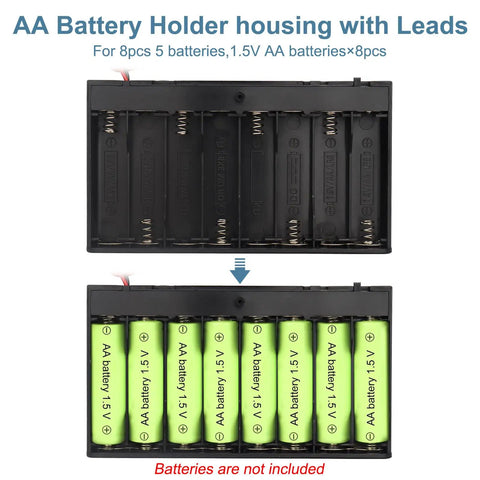 Duo Pack 8 Aa Battery Holder With 12V Dc Output And Toggle Switches Includes Lead Wires For Plug And Play Electronics shown with batteries inserted.