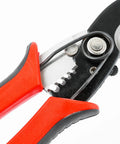 No Sweat 8 Inch Heavy Duty Wire Stripper And Cable Cutter Tool With red grips and precision multi-hole design up close.