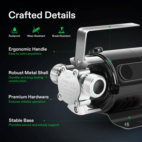 Close-up of 115V Water Transfer Pump One Tenth HP 330 GPH Portable Utility Pump with durable metal shell and ergonomic handle features.