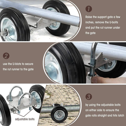 Installation process of heavy duty gate wheel 6 inches with rubber roller for metal tube gates and driveway fences.
