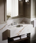 Bachata Stainless Steel 20 Inch Oval Lavatory Sink With Overflow Drop In Or Undermount Design Satin Finish Slick Curved Basin Durable Stainless Steel For Modern Bathrooms Easy To Clean And Install in a marble vanity setting