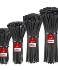Heavy Duty Zip Ties 500 Pack Black Cable Ties In 8, 12, 14, 18 Inch Sizes, Ultra Strong 220 Lb Tensile Strength, Industrial Plastic Tie Wrap For Indoor Outdoor Cord Management And DIY Projects.