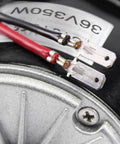 Rock Solid 36V 350W Brushed DC Electric Motor My1016 Kicking Out Two Seventy Five RPM With Eleven Tooth Sprocket wiring terminals close-up.