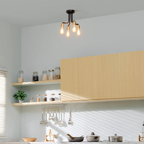 4 Light Adjustable Socket Semi Flush Mount Ceiling Light In Matte Black With Matte Brass Accents Exposed E26 Base Pivot Joints Industrial Sputnik Style Fixture For Modern Living Rooms And Hallways in kitchen